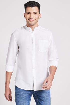 solid cotton linen blend  slim fit mens shirt - white