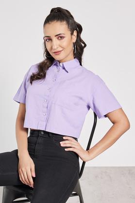 solid cotton linen blend collar neck women's shirt - lilac