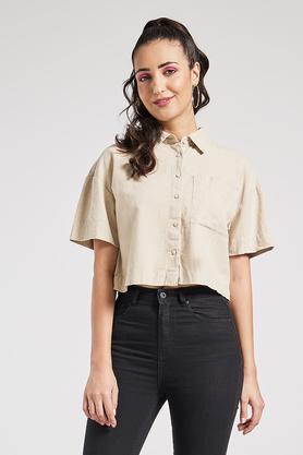 solid cotton linen blend collar neck women's shirt - natural