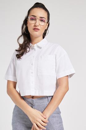 solid cotton linen blend collar neck women's shirt - white