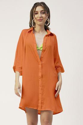 solid cotton linen blend collared women's top - orange