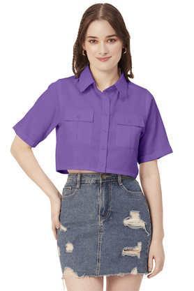solid cotton linen blend collared women's top - purple