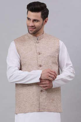 solid cotton linen blend regular fit men's nehru jacket - brown