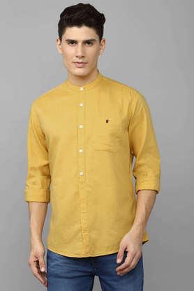 solid cotton linen blend slim fit men's casual shirt - yellow