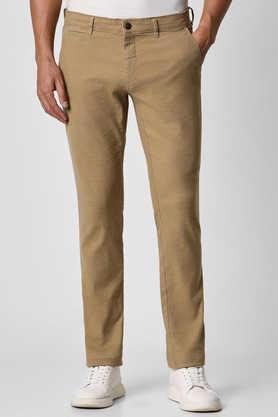 solid cotton-linen blend slim fit men's casual wear trousers - khaki