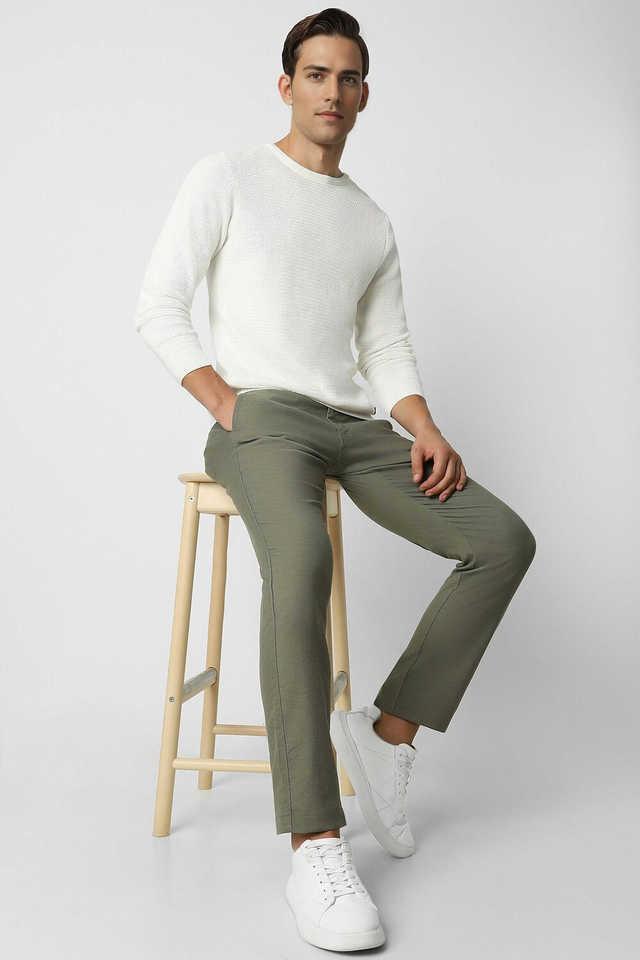 solid cotton-linen blend slim fit mens casual wear trousers