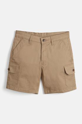 solid cotton lycra regular fit boys shorts - khaki
