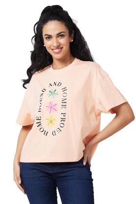 solid cotton lycra round neck women's t-shirt - peach