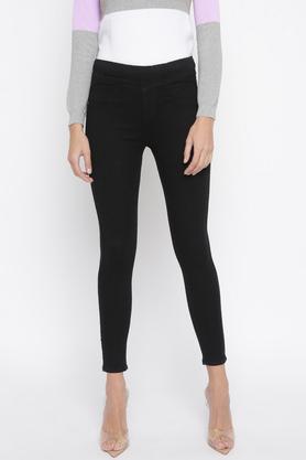 solid cotton lycra skinny fit women's jeggings - black