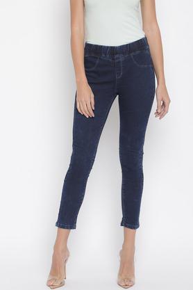 solid cotton lycra skinny fit women's jeggings - dark blue