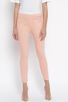 solid cotton lycra skinny fit women's jeggings - peach