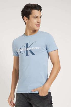 solid cotton lycra slim fit men's t-shirt - blue