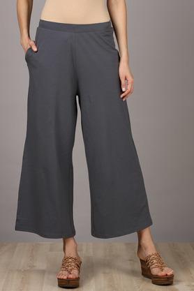 solid cotton lycra women's full length palazzos - grey