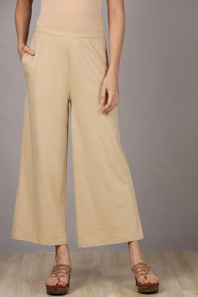 solid cotton lycra women's full length palazzos - natural