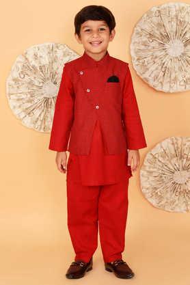 solid cotton mandarin boys kurta pyjama jacket set - red