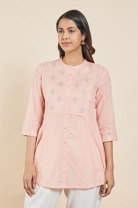 solid cotton mandarin women's casual wear tunic - peach