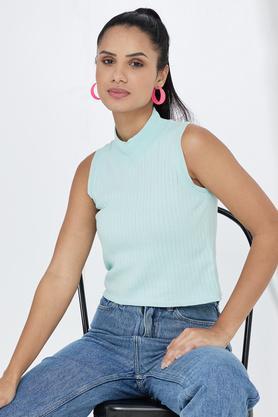 solid cotton nylon high neck women's t-shirt - aqua