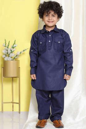 solid cotton regular fit boys pathani suit set - blue