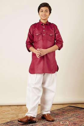 solid cotton regular fit boys pathani suit set - maroon