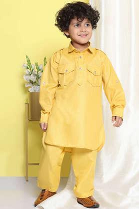 solid cotton regular fit boys pathani suit set - mustard