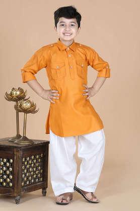 solid cotton regular fit boys pathani suit set - orange