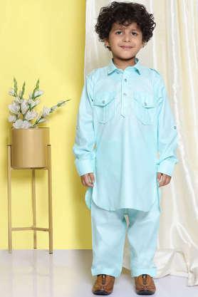 solid cotton regular fit boys pathani suit set - sky blue