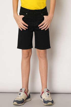 solid cotton regular fit boys shorts - black