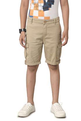 solid cotton regular fit boys shorts - khaki