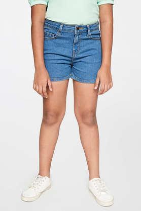 solid cotton regular fit girl's shorts - mid blue