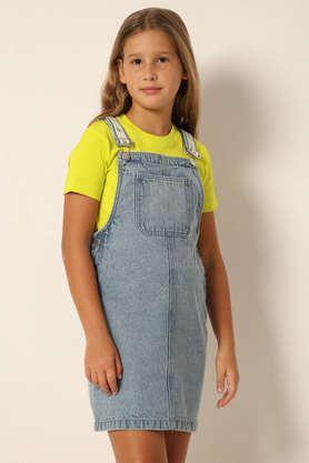 solid cotton regular fit girls dress - indigo