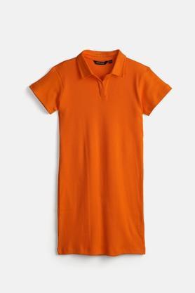 solid cotton regular fit girls dress - orange