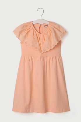 solid cotton regular fit girls dress - peach