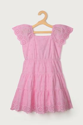 solid cotton regular fit girls dress - pink