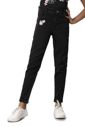 solid cotton regular fit girls jeans - black