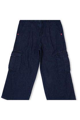 solid cotton regular fit girls pants - blue