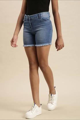 solid cotton regular fit girls shorts - blue