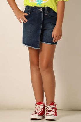 solid cotton regular fit girls shorts - dark blue denim