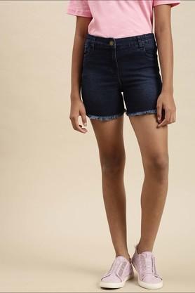 solid cotton regular fit girls shorts - dark blue