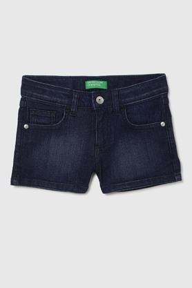 solid cotton regular fit girls shorts - denim