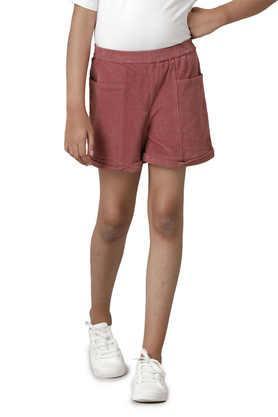 solid cotton regular fit girls shorts - maroon