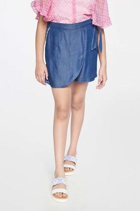 solid cotton regular fit girls shorts - mid blue