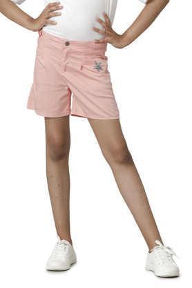 solid cotton regular fit girls shorts - peach
