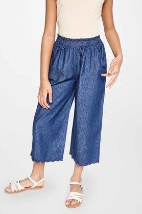 solid cotton regular fit girls trousers - dark blue