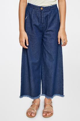 solid cotton regular fit girls trousers - dark blue