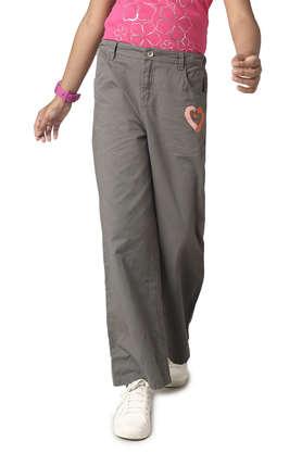 solid cotton regular fit girls trousers - grey