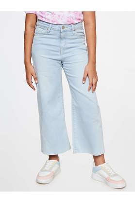 solid cotton regular fit girls trousers - light blue