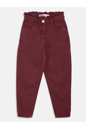 solid cotton regular fit girls trousers - maroon
