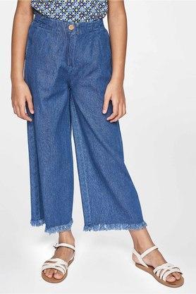 solid cotton regular fit girls trousers - mid blue
