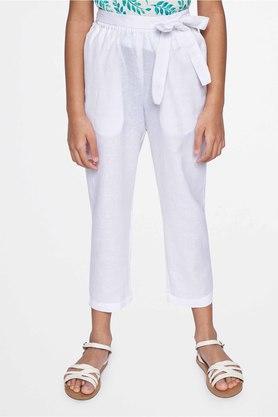 solid cotton regular fit girls trousers - off white