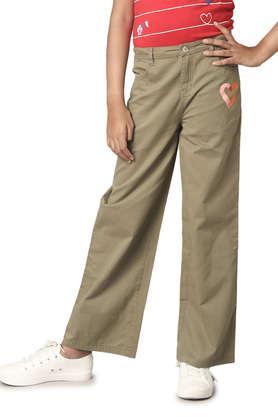 solid cotton regular fit girls trousers - olive